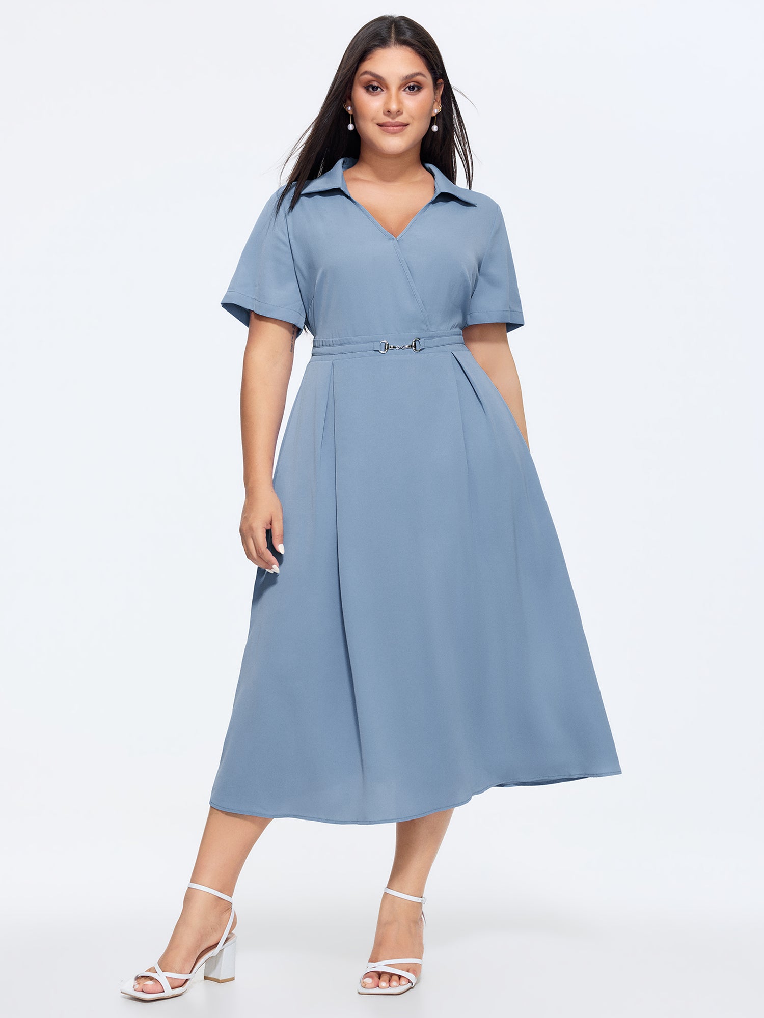 Collared Stretchy Waist Plain Midi Dress