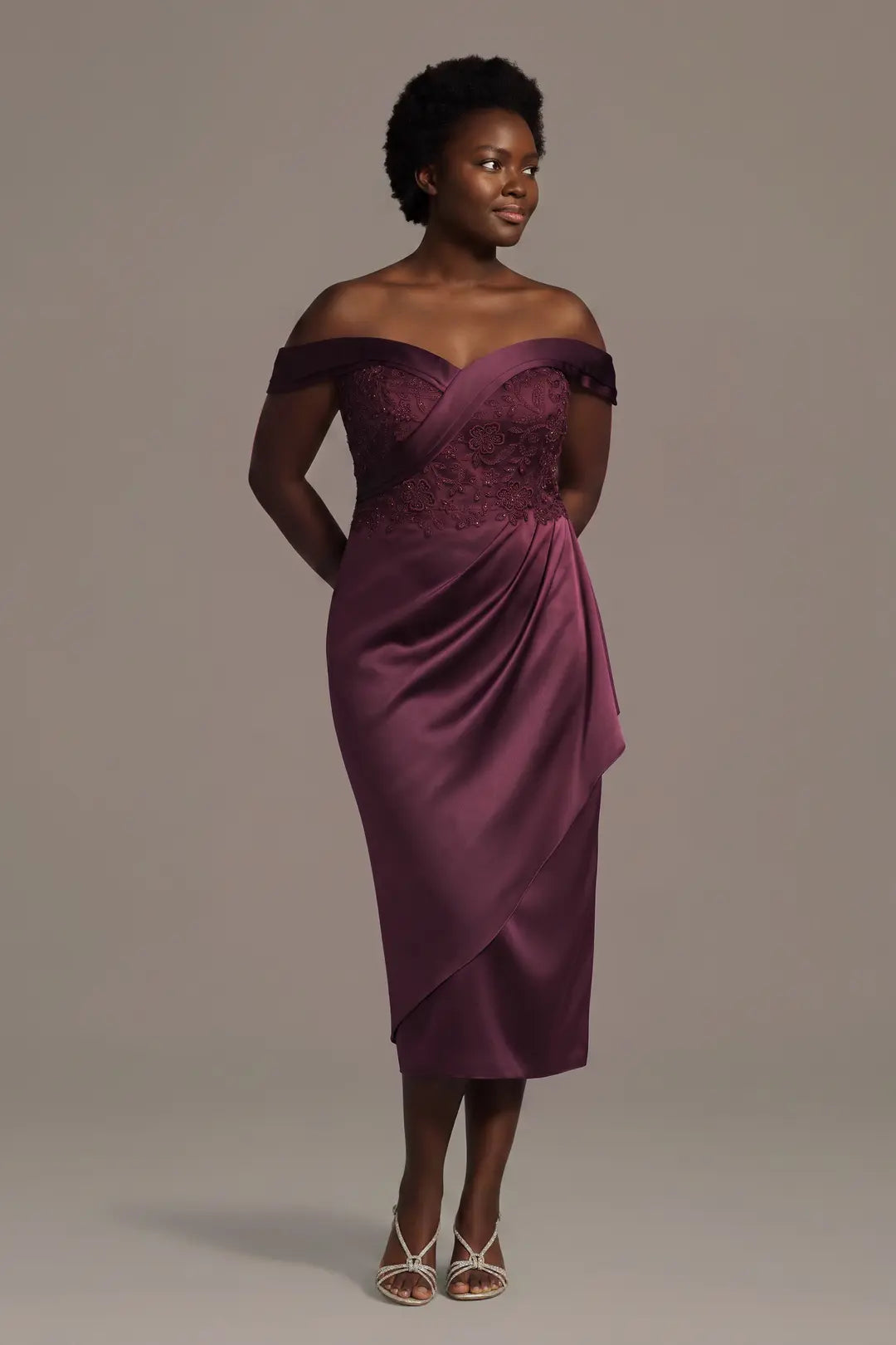 Satin Sweetheart Off-the-Shoulder Tea-Length Dress
