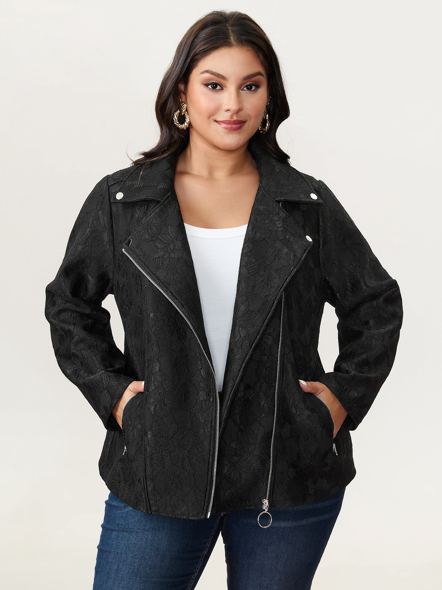 Lace Mesh Pocket Zipper Jacket