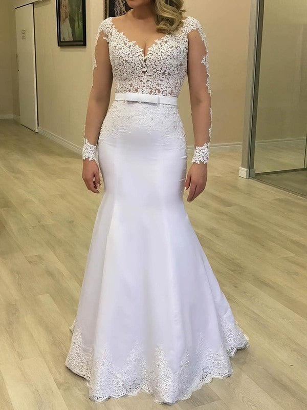 Gorgeous Mermaid Long Sleeves Lace Satin Sweep Train Wedding Dresses with Beads