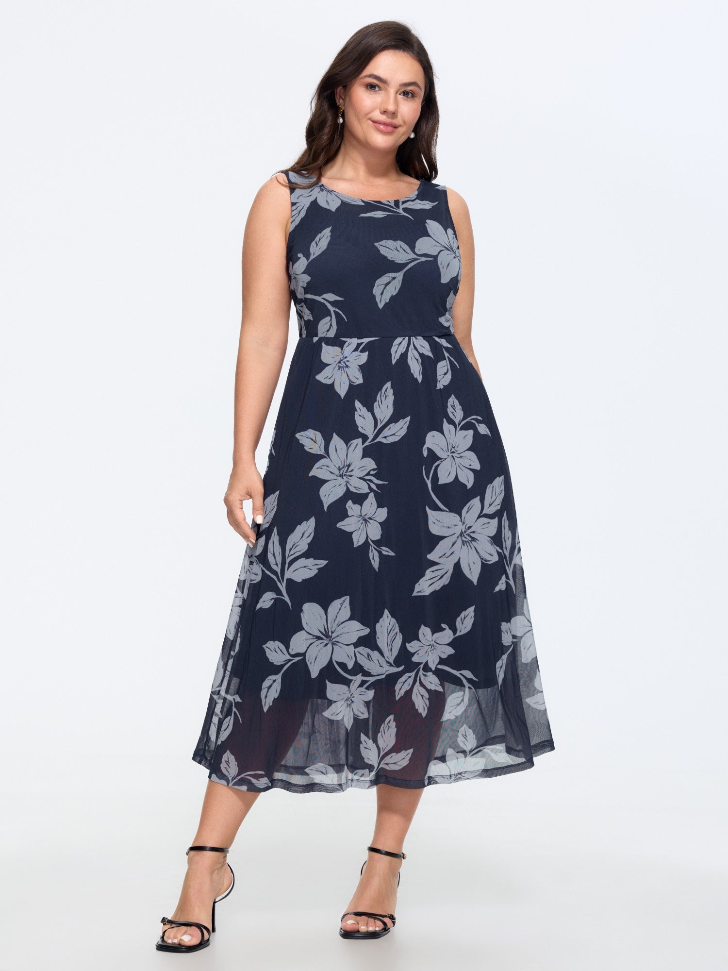 Floral Print Mesh Sleeveless Midi Dress