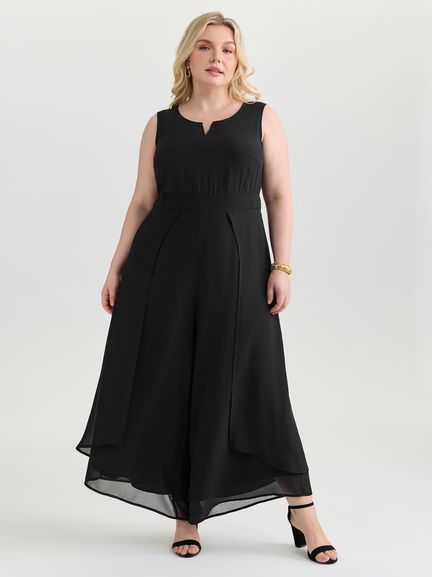 Split Neckline Curvy Hem Plain Jumpsuit