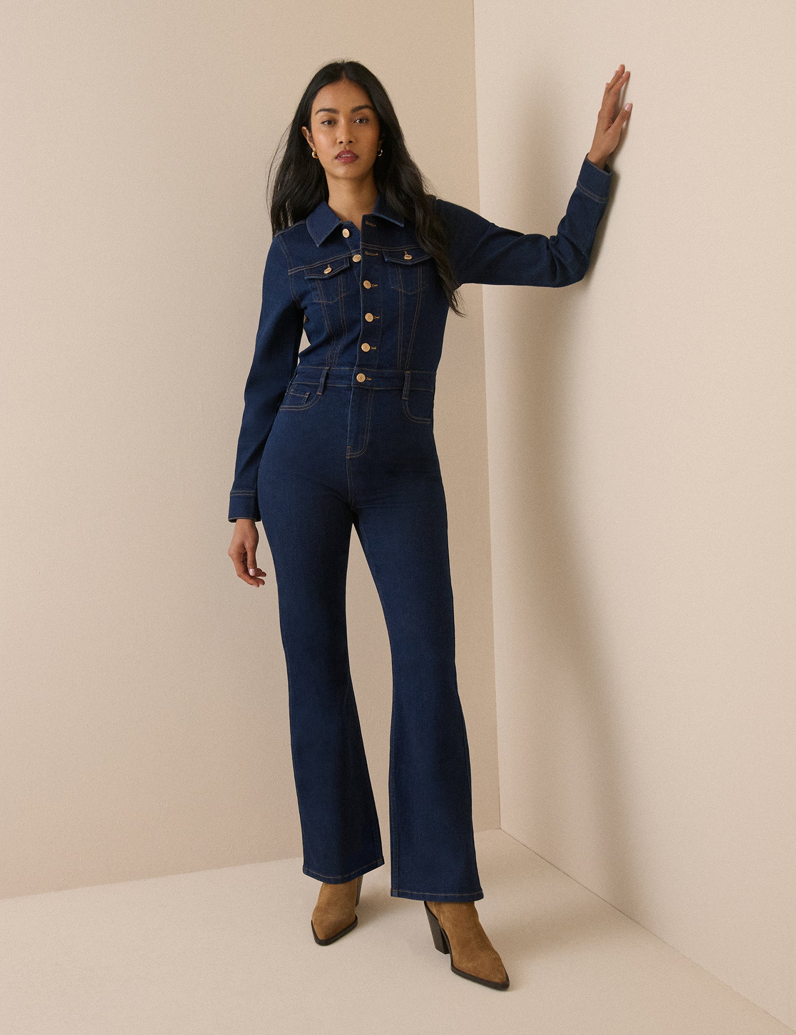 Dark Blue Denim Flare Jumpsuit