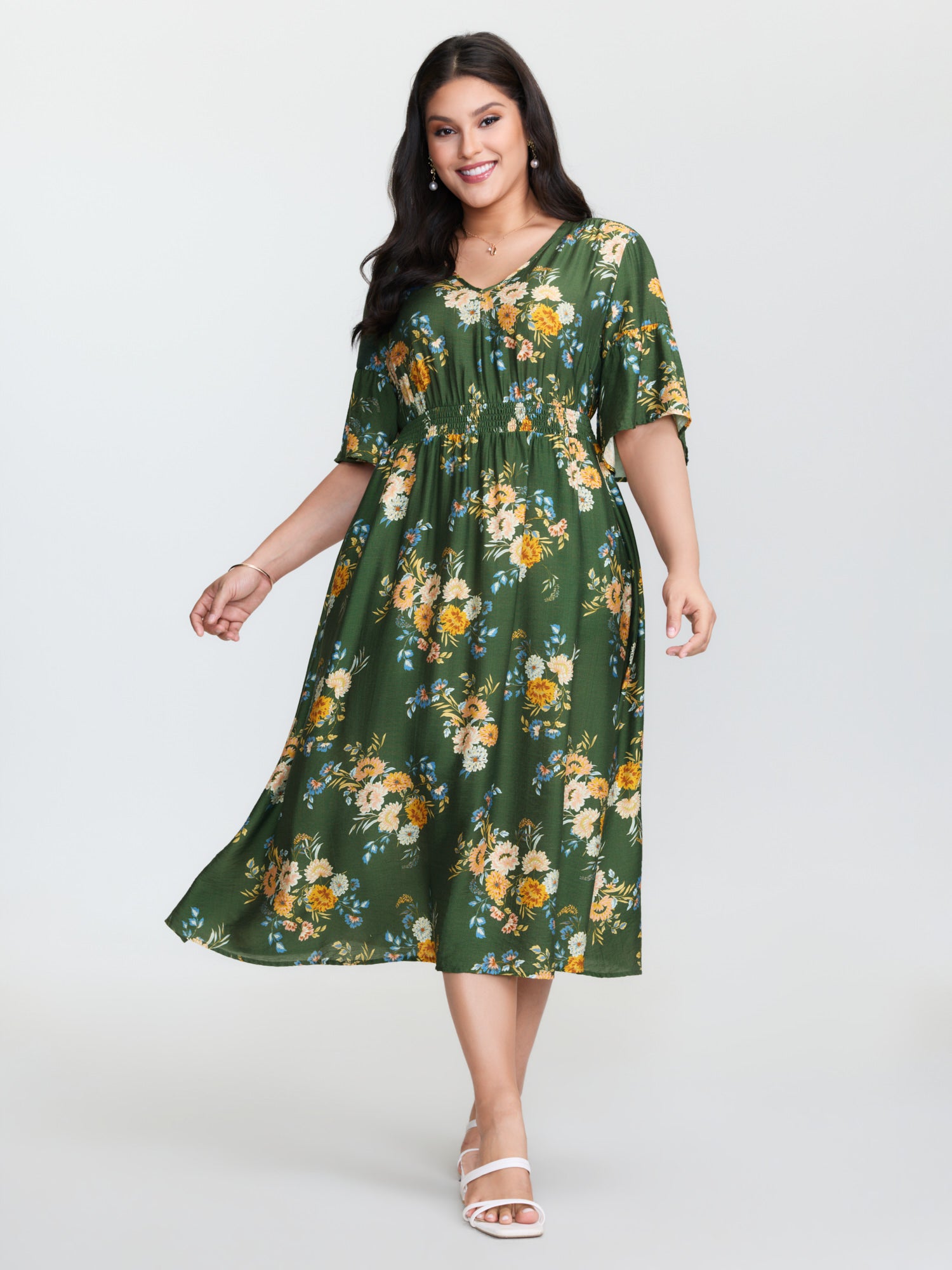 Floral Print Shirred Waist Midi Dress