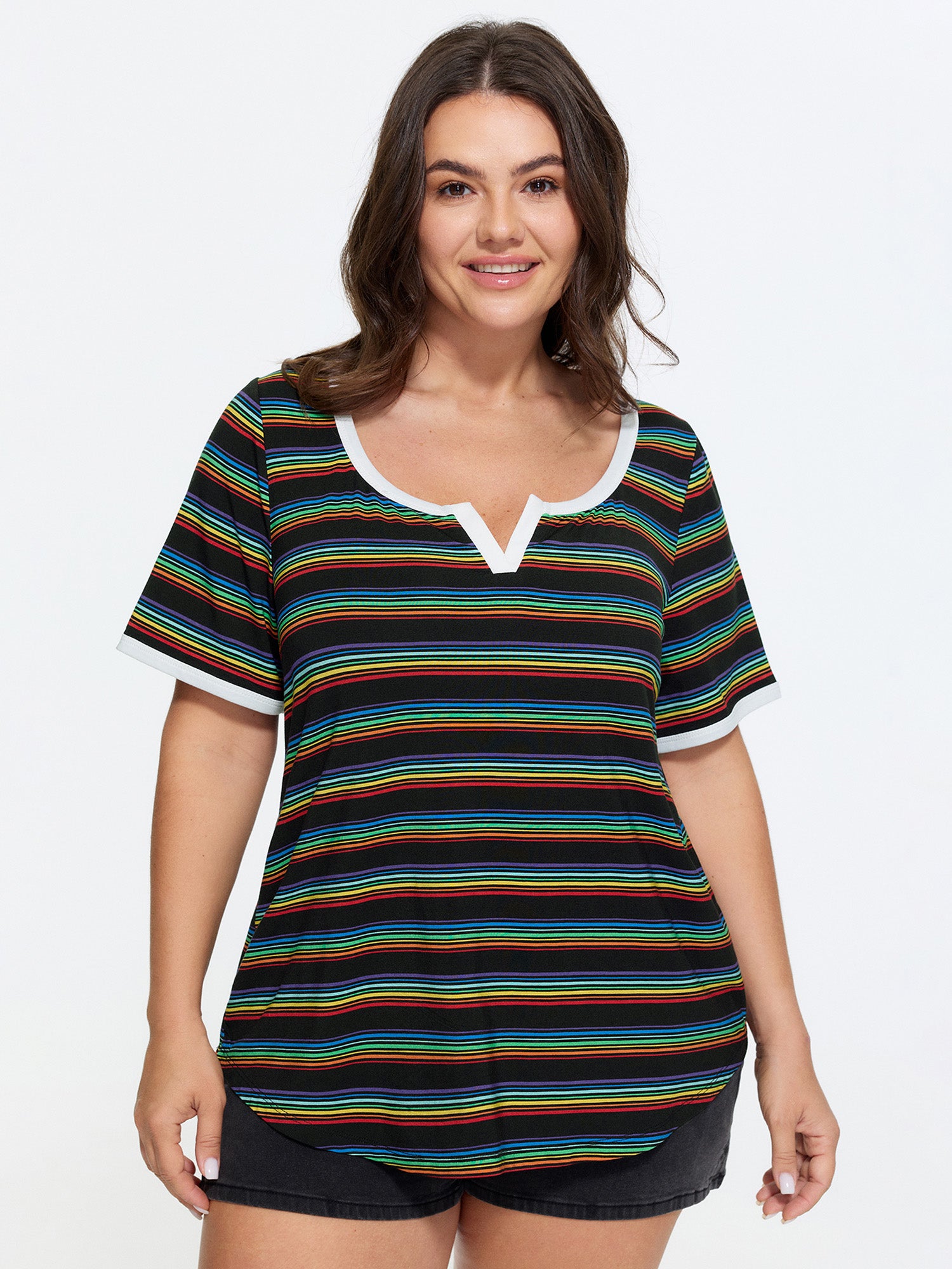 Stretchy Colorful Striped Print T-Shirt