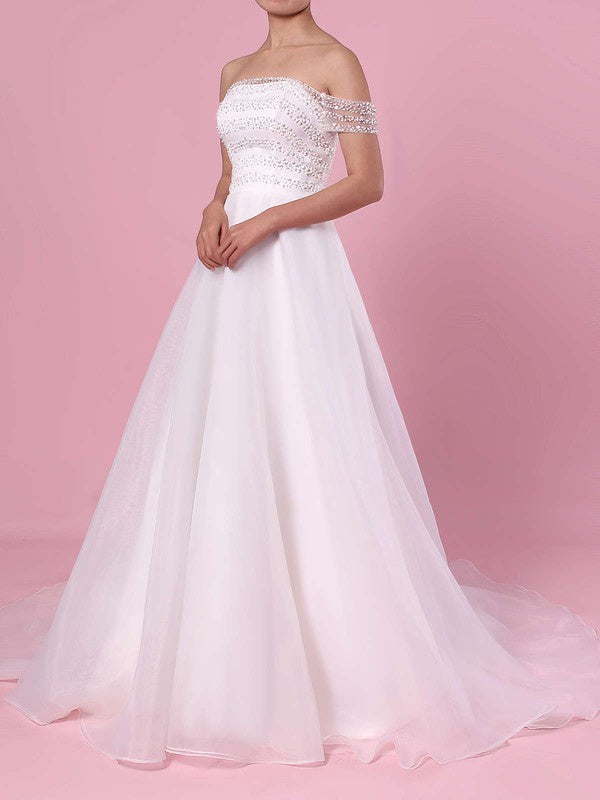 Charming Off-The-Shoulder Sequined Organza A-Line Wedding Dresses with Sweep Train