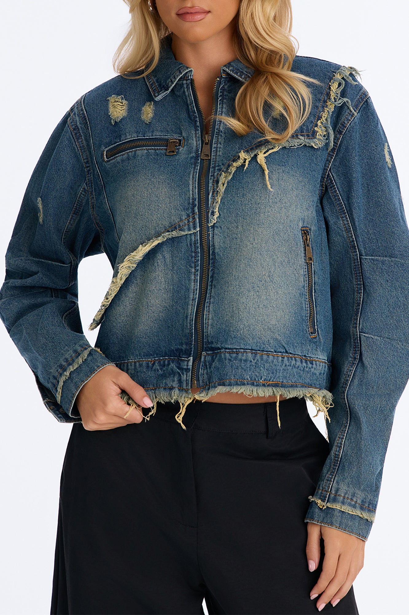 Lower East Distressed Frayed Denim Jacket - Vintage Wash