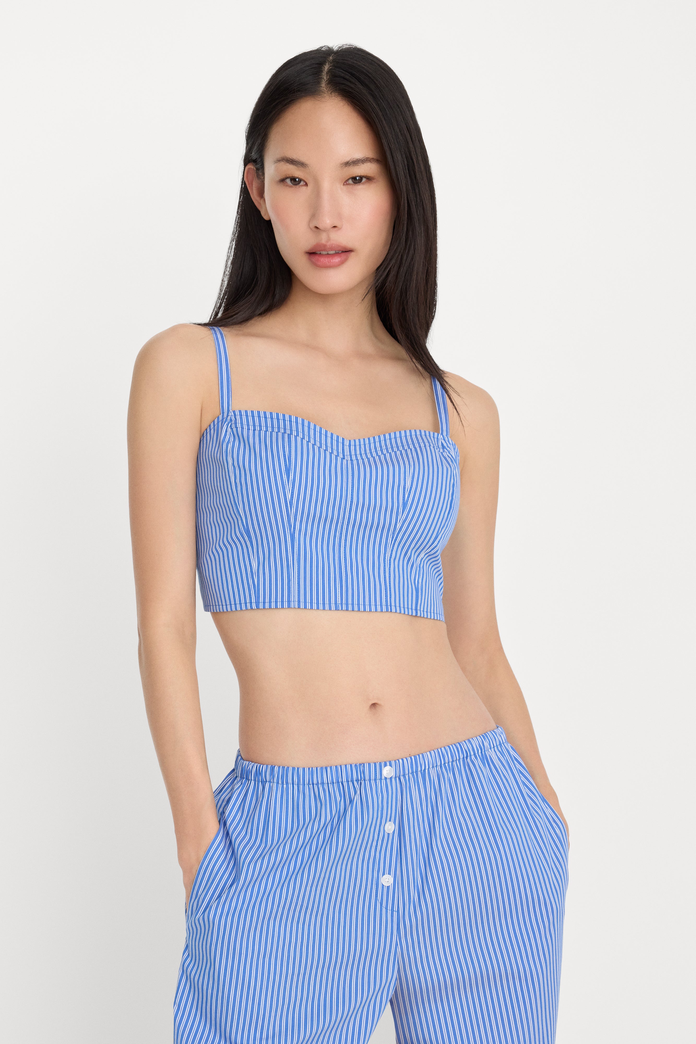 POPLIN BUSTIER CAMI TOP | BLUE AND WHITE STRIPE