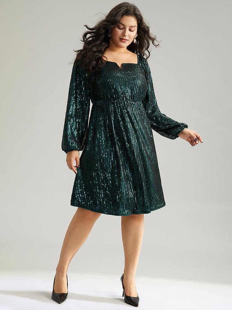 Sequin Square Neck Lantern Sleeve Knee Dress