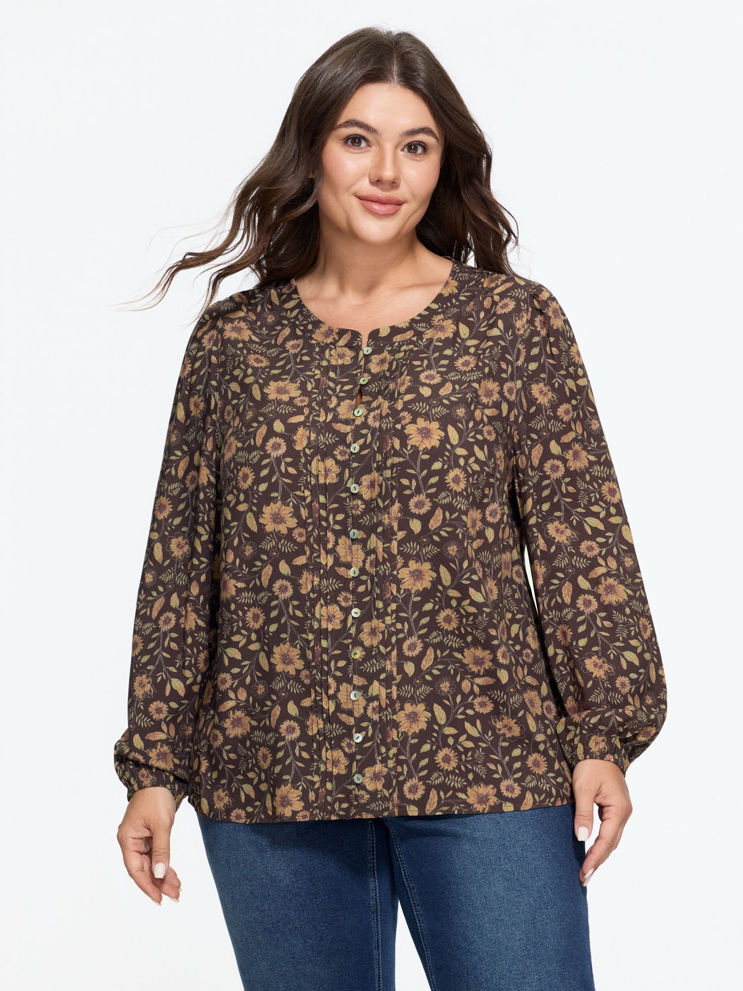Supersoft Vintage Floral Pleated Long Sleeve Shirt