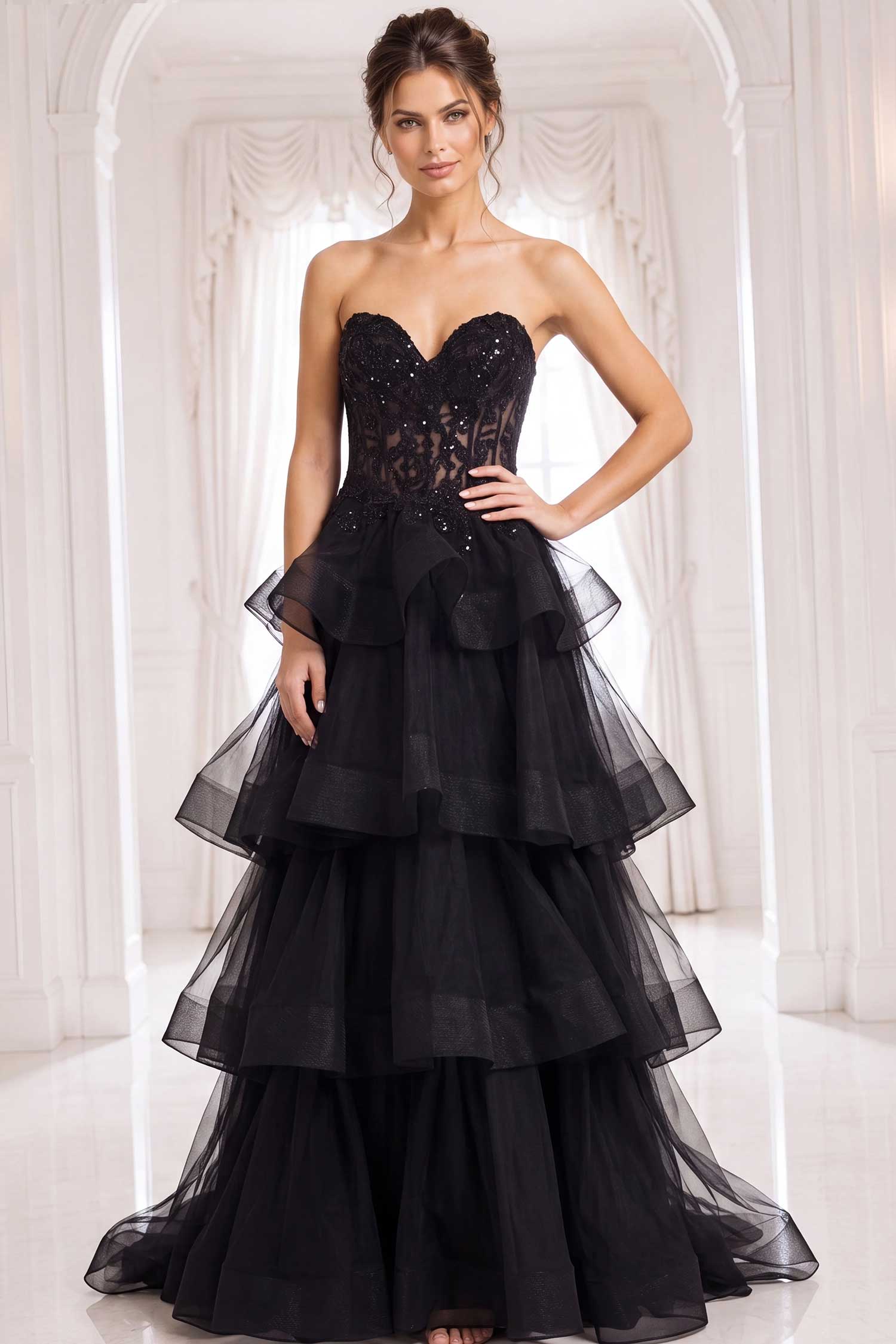 Jovani 40502 Lace Corset Tiered Ballgown
