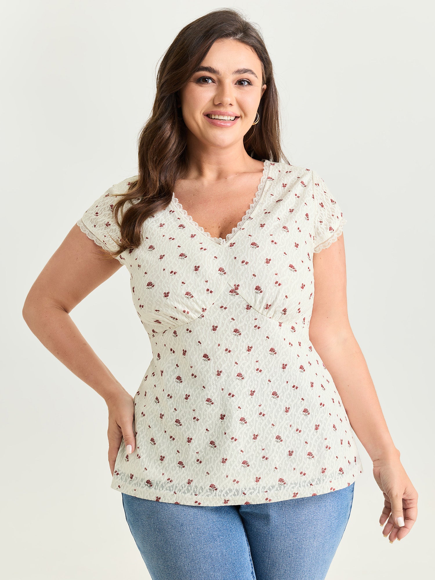 Rose Print V-Neck Knit Top