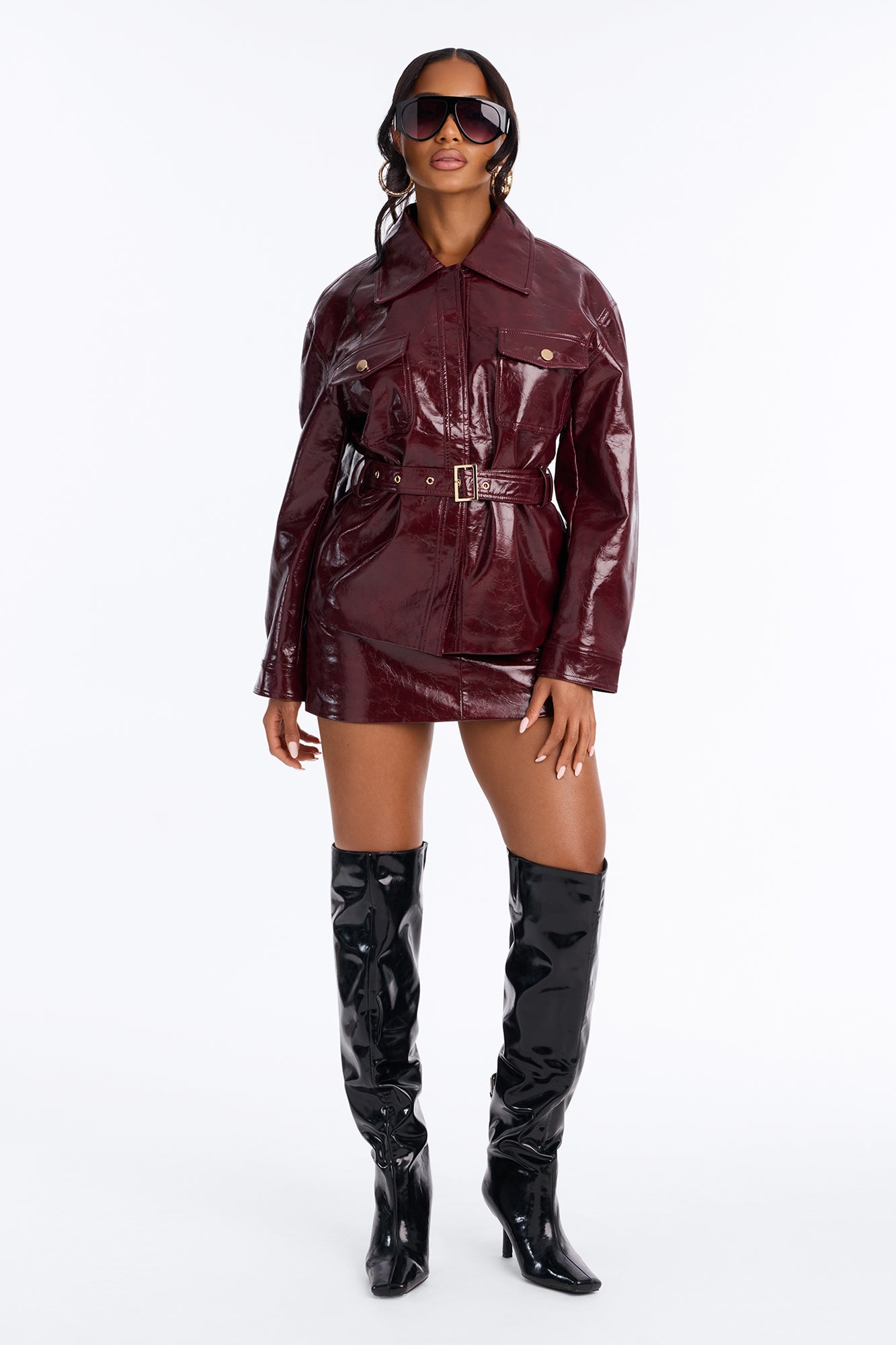 Brit Faux Leather Belted Skirt Set - Wine