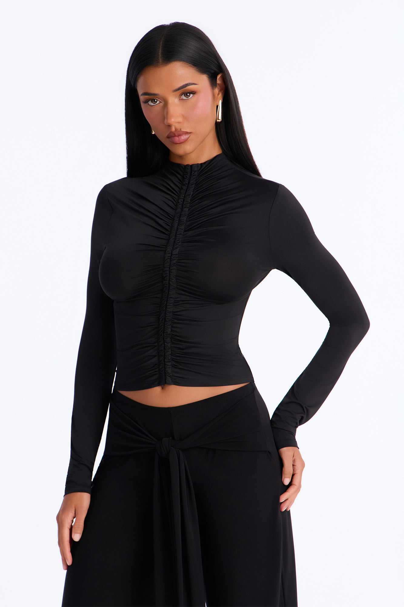 Valentina Ruched Long Sleeve Top - Black