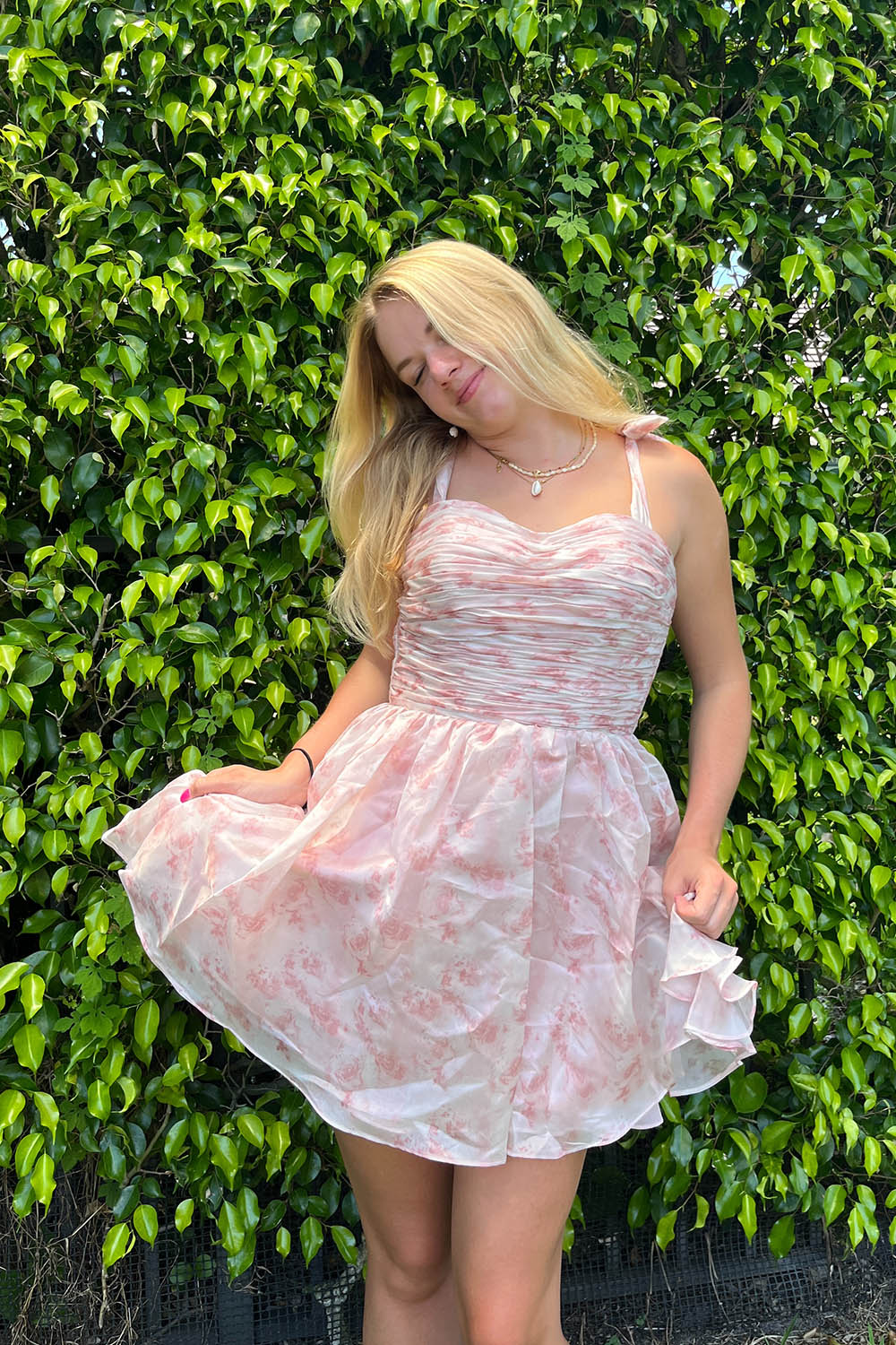Pink Floral Print A-Line Short Homecoming Dress/Mini Dress