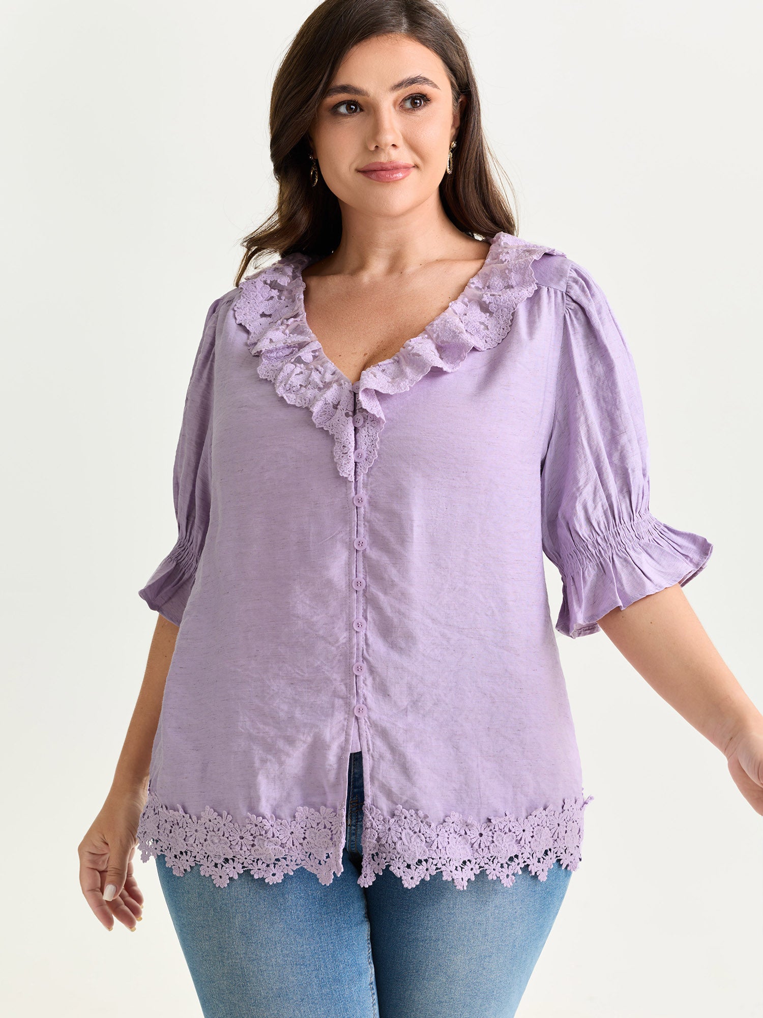 Ruffled Lace Neckline Button-Down Blouse