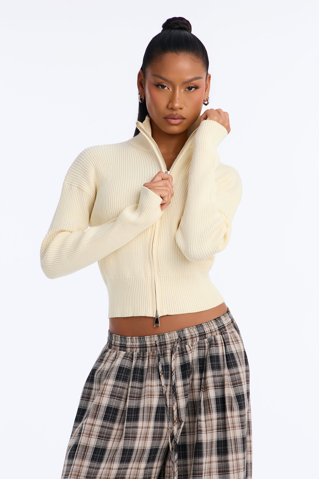City Chic Funnel Neck Cardigan Sweater - Ivory