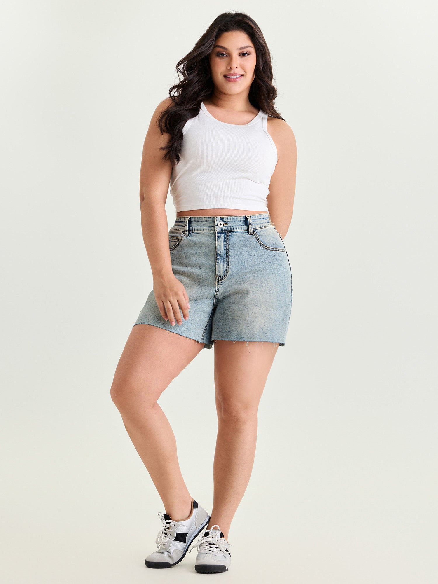 Stretchy Light Washed Straight-Leg Denim Shorts