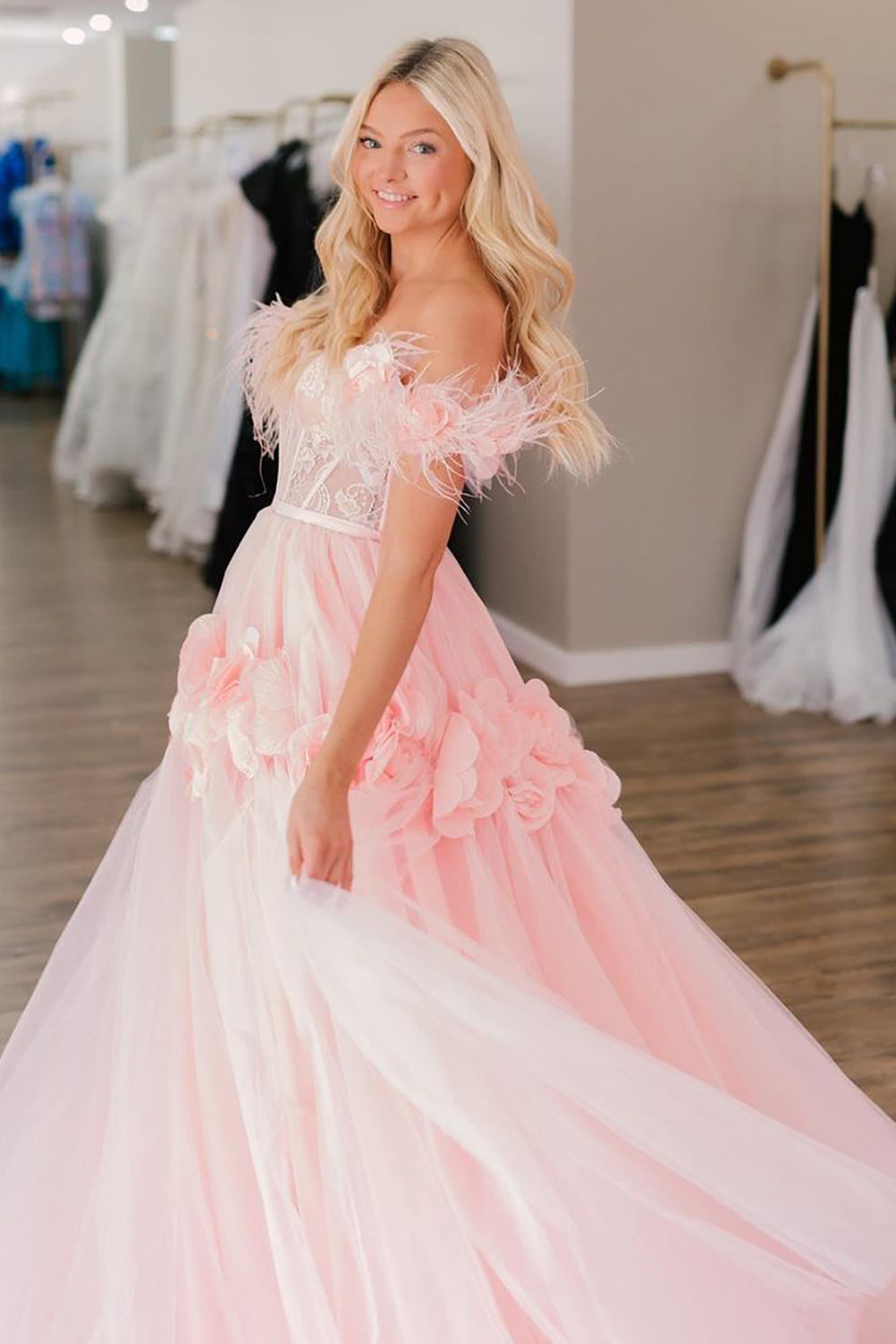 Pink Off-the-Shoulder Princess A-Line Corset Prom Dress with Feather