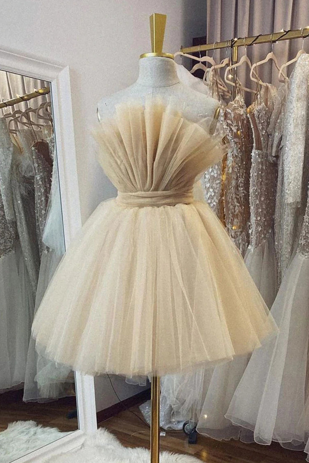 Strapless Beige A Line Short Homecoming Dress/Mini Dress