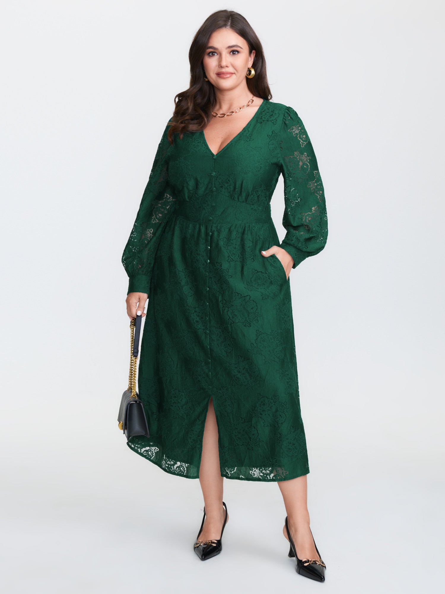 Floral Lace Triangular Cinched-Waist Midi Dress