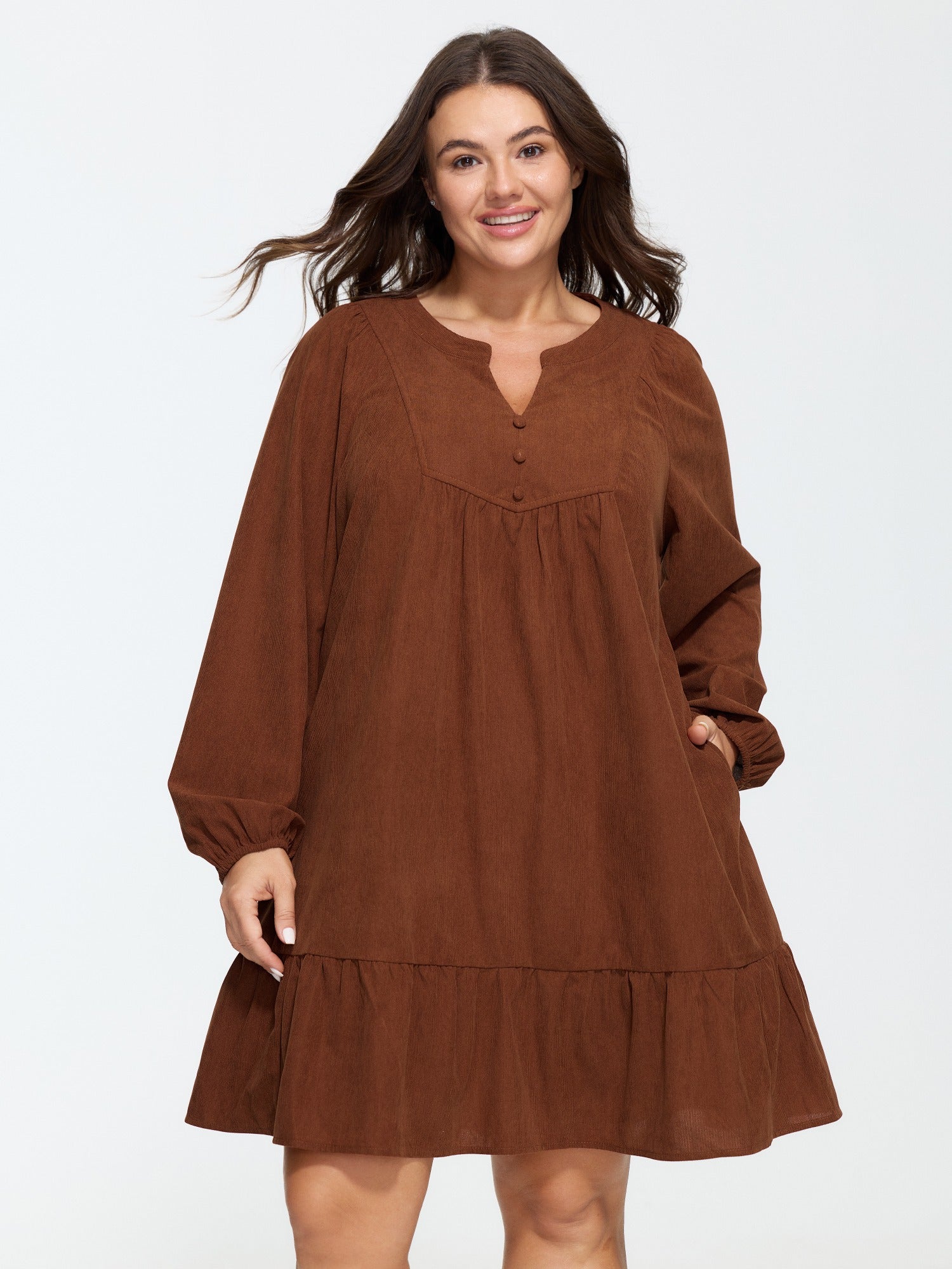 Corduroy Long Sleeve Ruffle Hem Mini Dress