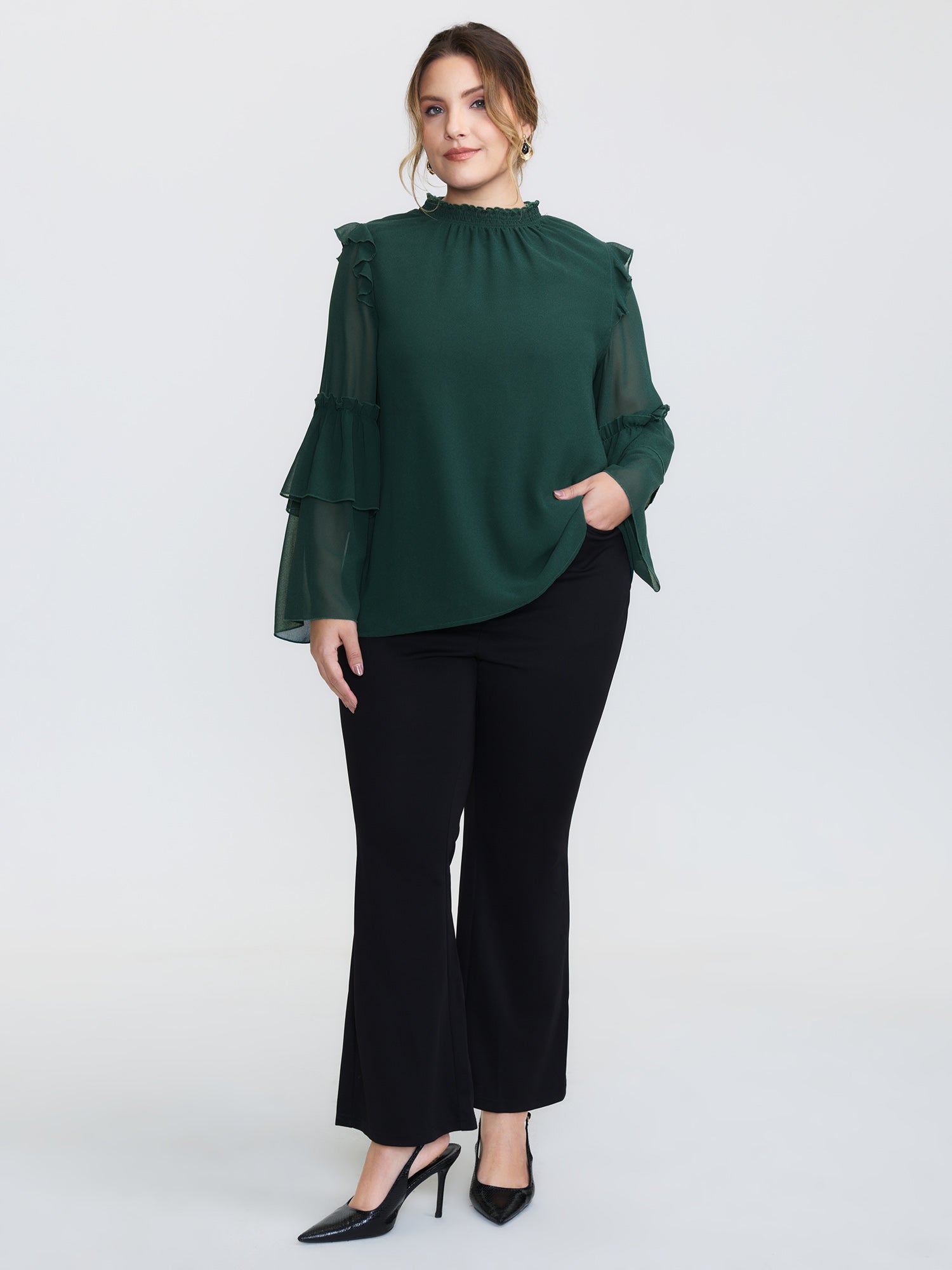 Shirred Layered Ruffled Sheer Sleeve Blouse