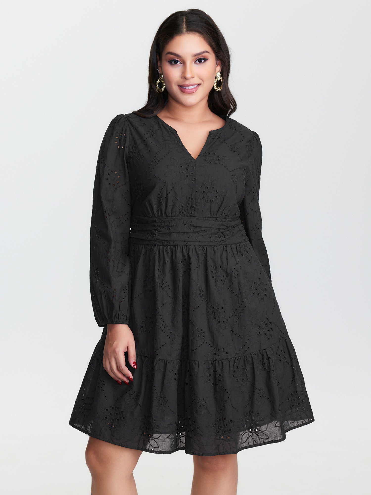 Cotton Floral Eyelet Embroidery Tiered Mini Dress