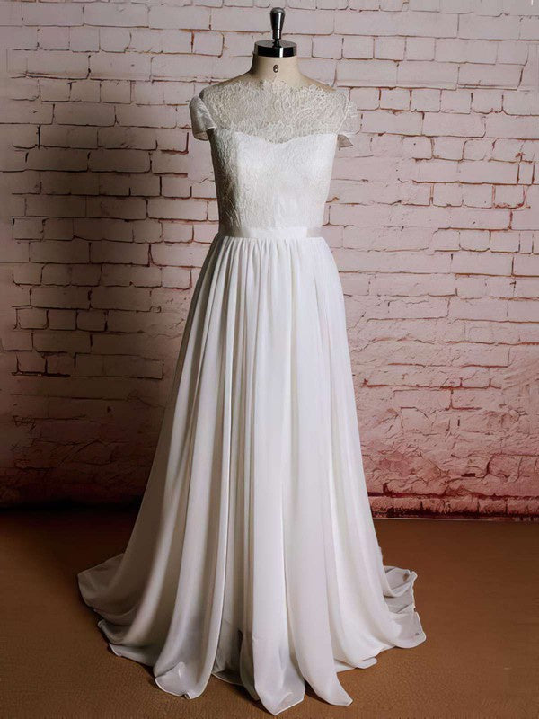 Gorgeous Short Sleeves A-Line Lace Chiffon Sweep Train Wedding Dresses