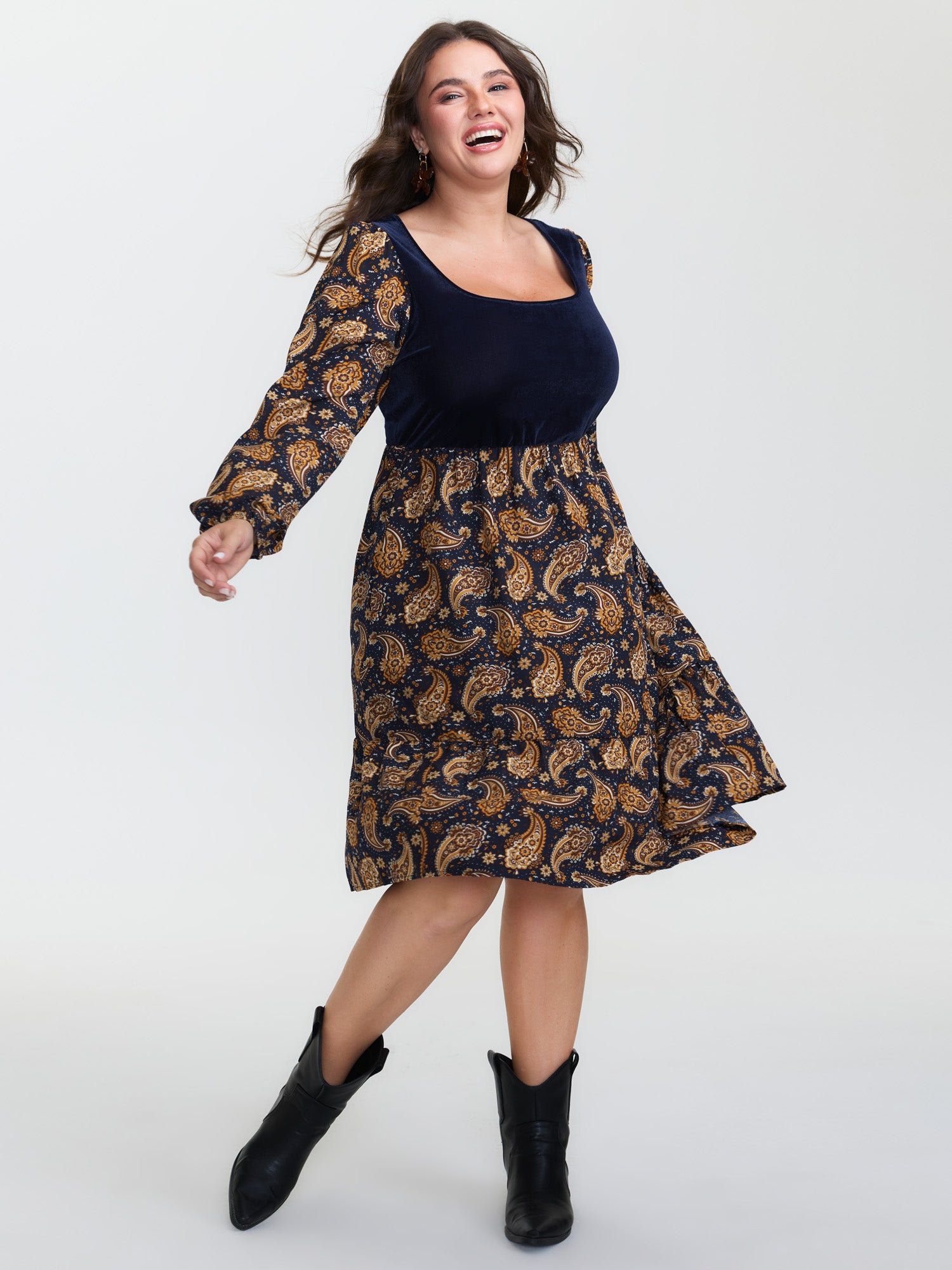 Velvet Paisley Print Spliced Midi Dress