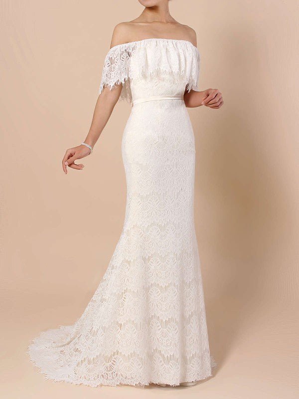 Beautiful Mermaid Off-The-Shoulder Lace Wedding Dresses with Sash