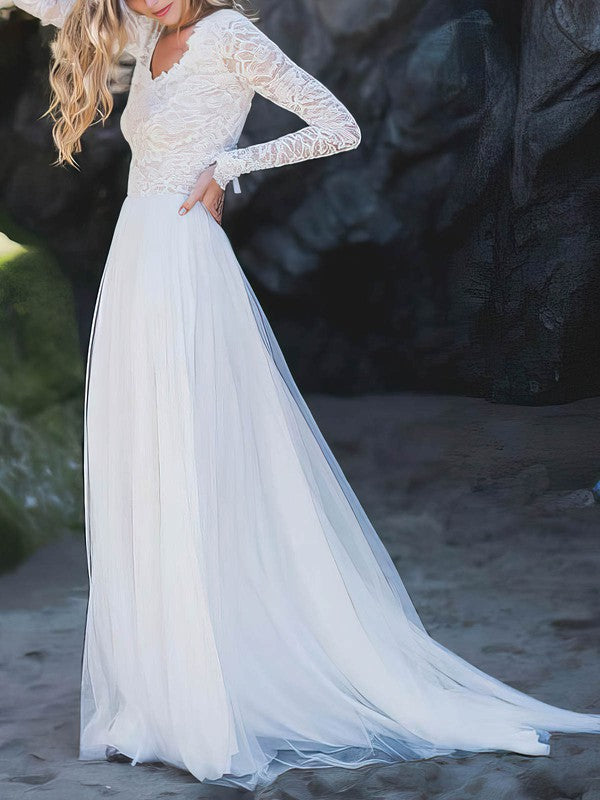 Beautiful A-Line V-Neck Long Sleeves Lace Tulle Sweep Train Wedding Dresses