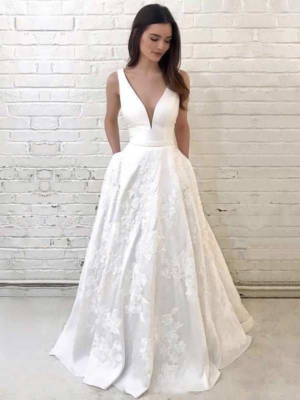 Classic A-Line V-Neck Sleeveless Satin Floor-Length Wedding Dresses with Pockets