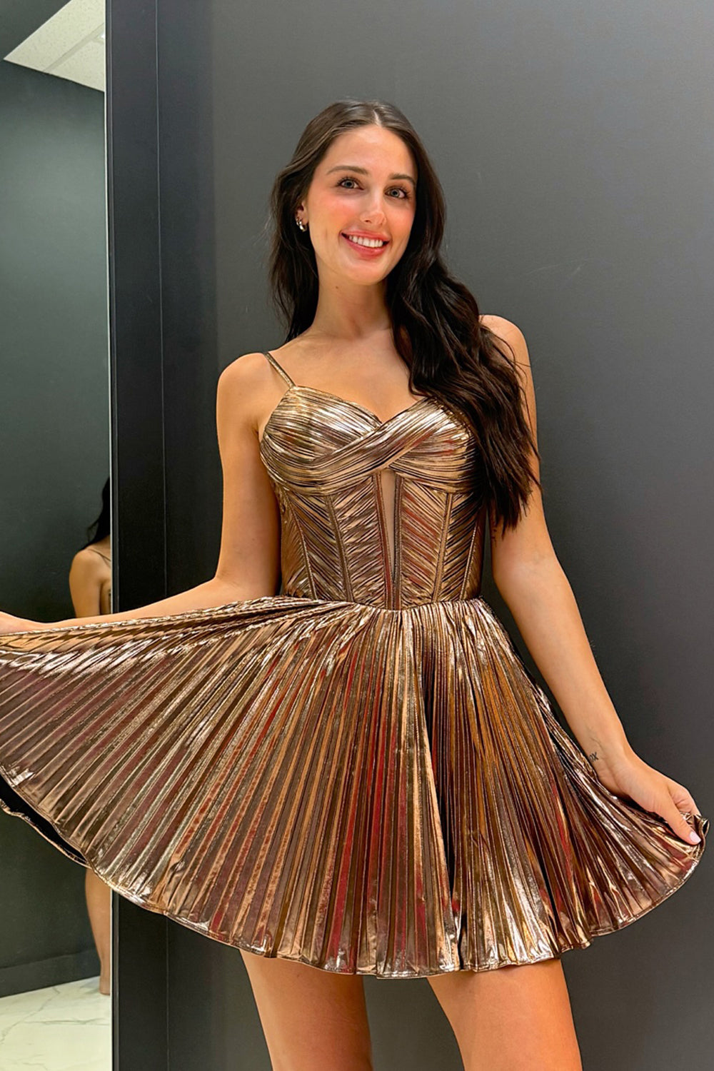 A-Line Brown Spaghetti Straps Metallic Corset Short Homecoming Dress/Mini Dress