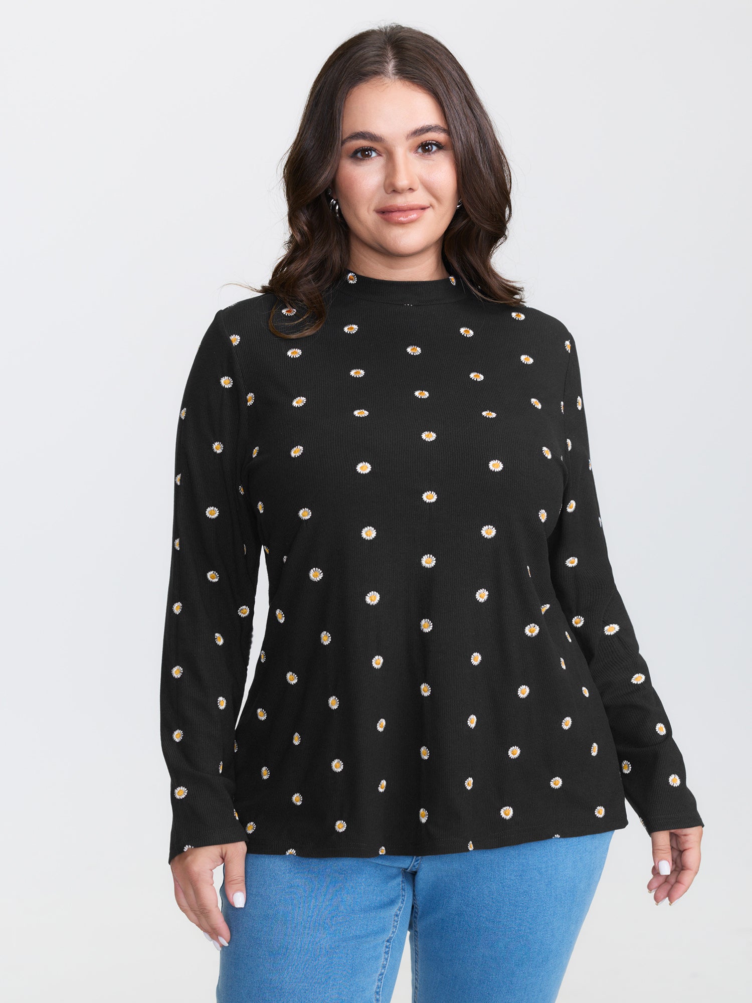 Supersoft Floral Embroidered Mock Neck T-Shirt