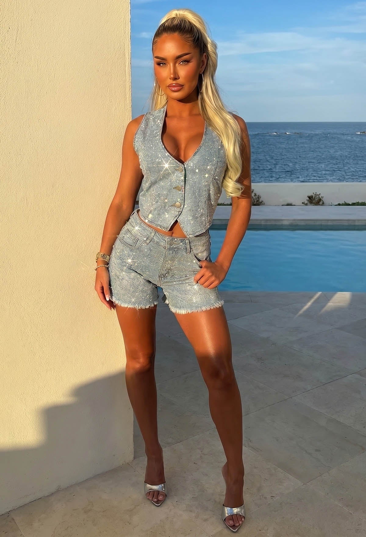 Rachel Mid Blue Stretch Denim Hotfix Shorts
