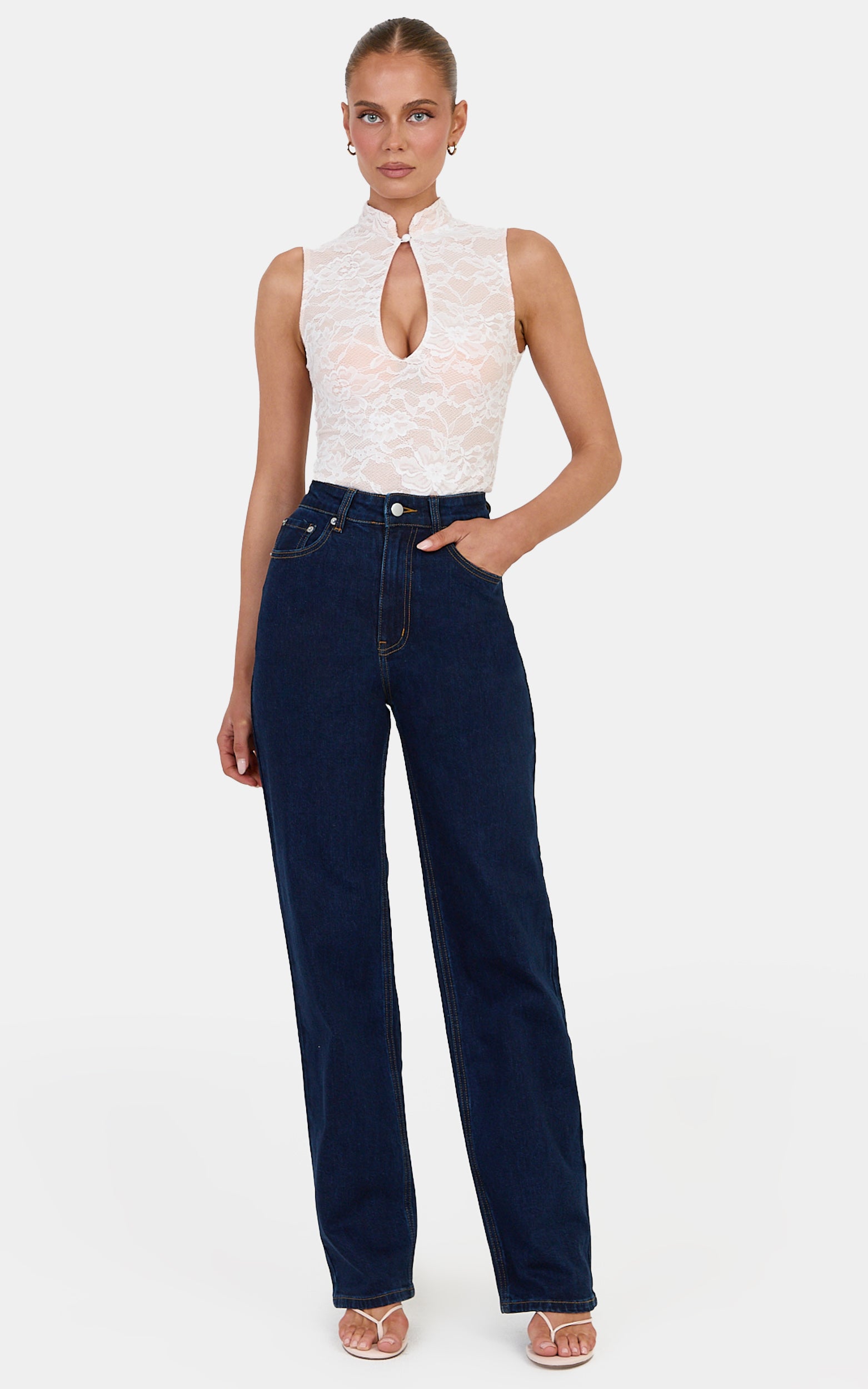 Nyla Bodysuit - Mandarin Collar Keyhole Lace Bodys in White