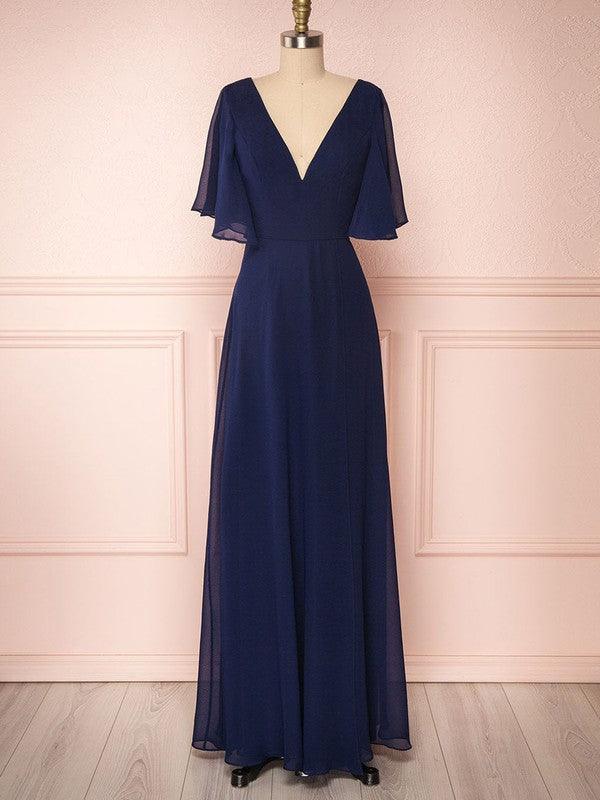 Elegant A-Line Deep V-Neck Chiffon Floor-Length Bridesmaid Dresses