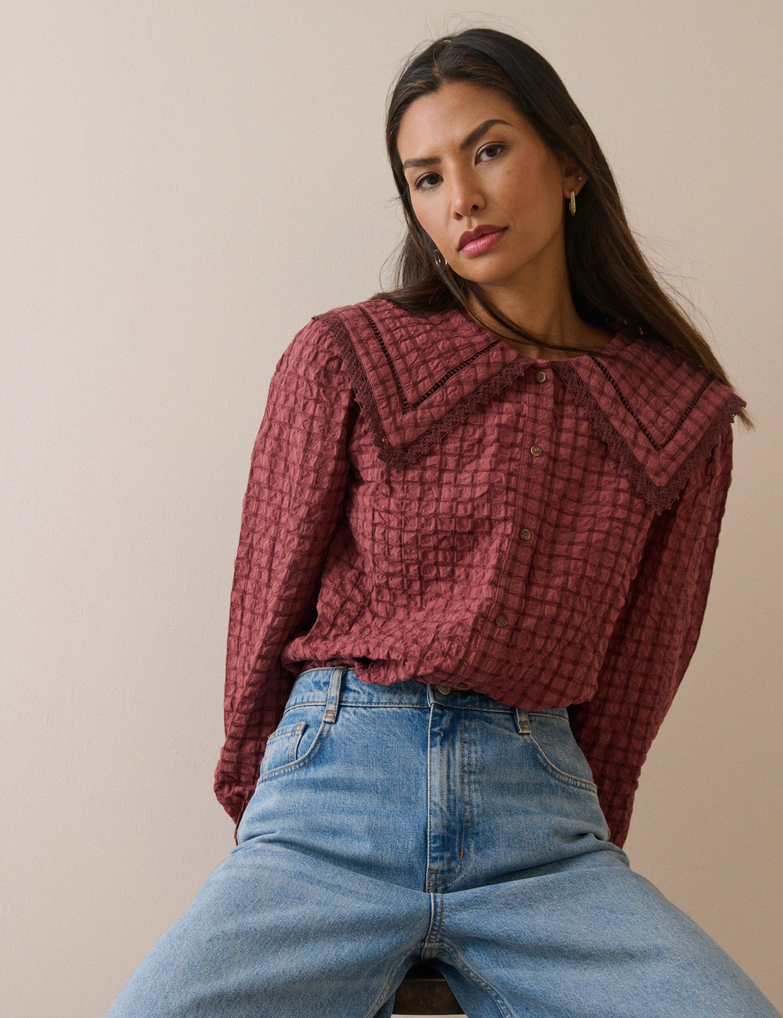 Red Check Oversized Collar Blouse