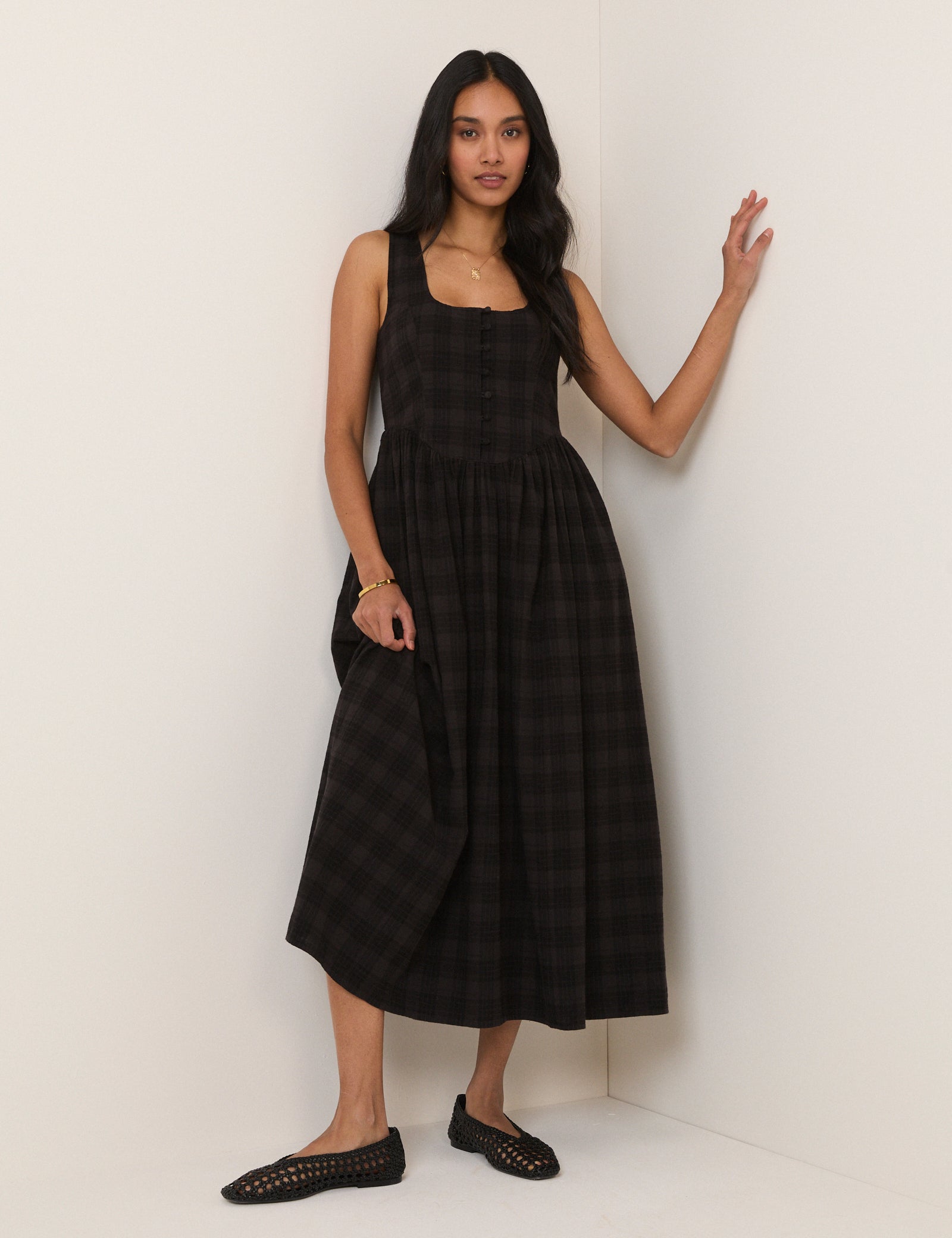Black Check Linen-Rich Cora Midi Dress