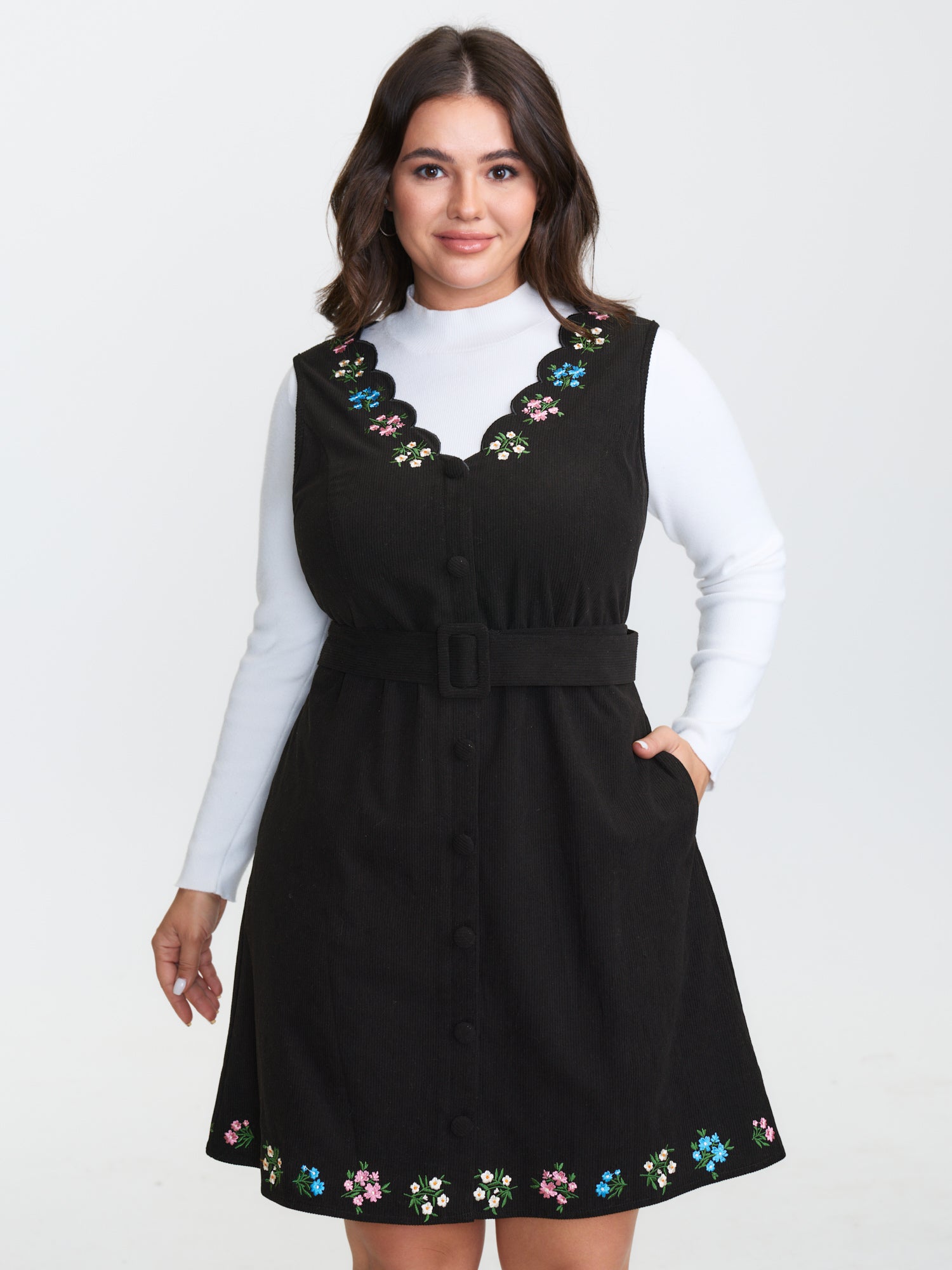 Colorful Floral Embroidered Neckline Midi Dress