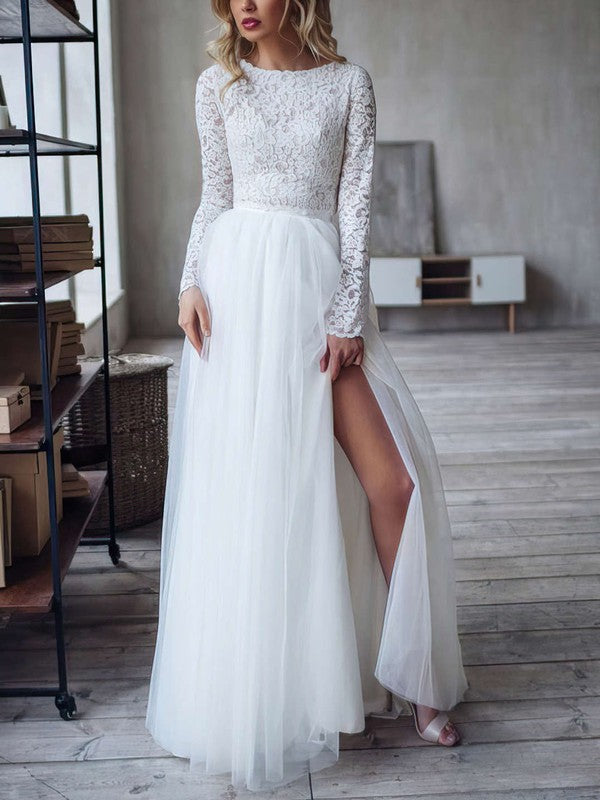 Elegant Crew Neck Long Sleeves A-Line Tulle Lace Sweep Train Wedding Dresses with Split