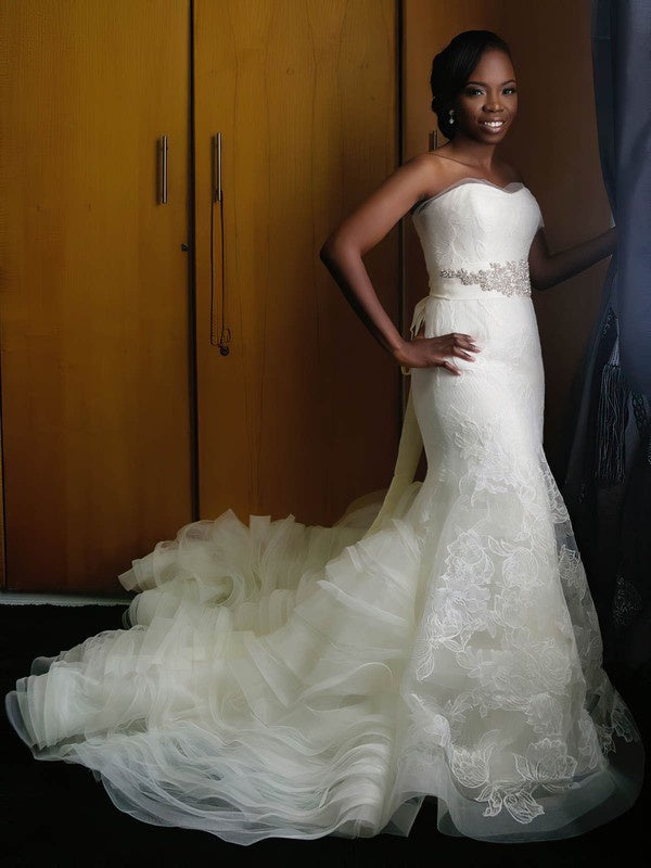 Charming Tiered Trumpet Sweetheart Organza Strapless Wedding Dresses