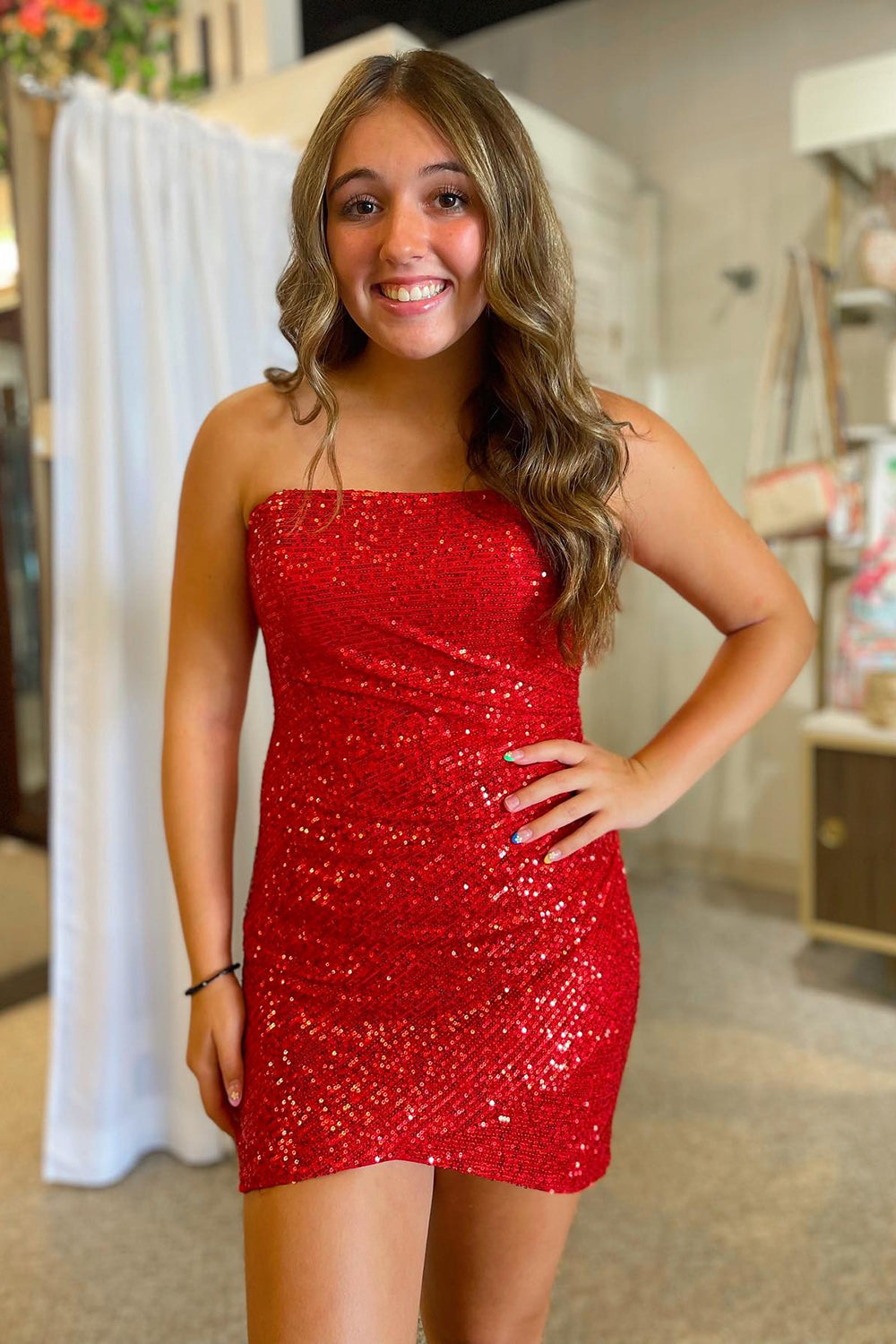 Red Sparkly Strapless Tight Short Homecoming Dress/Mini Dress with Sequins