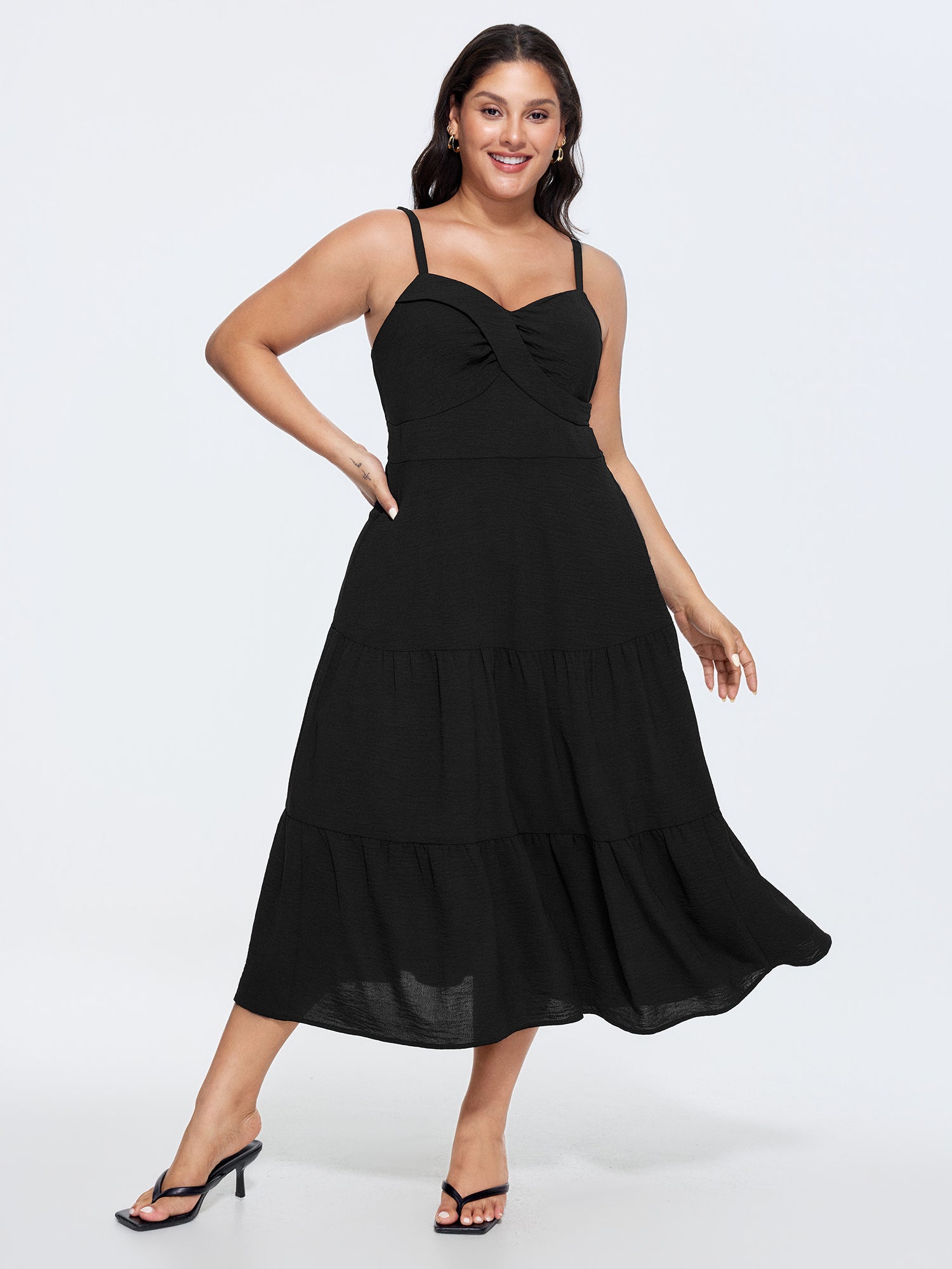 Twist-Front Ruched Plain Tiered Midi Dress