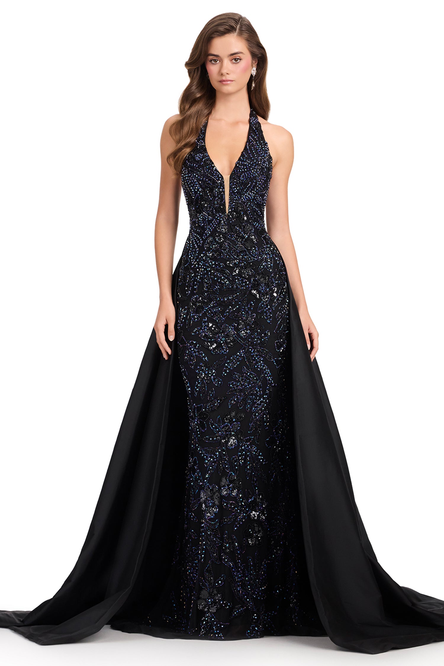 Ashley Lauren 12440 - Beaded Halter Taffeta Overskirt Prom Gown
