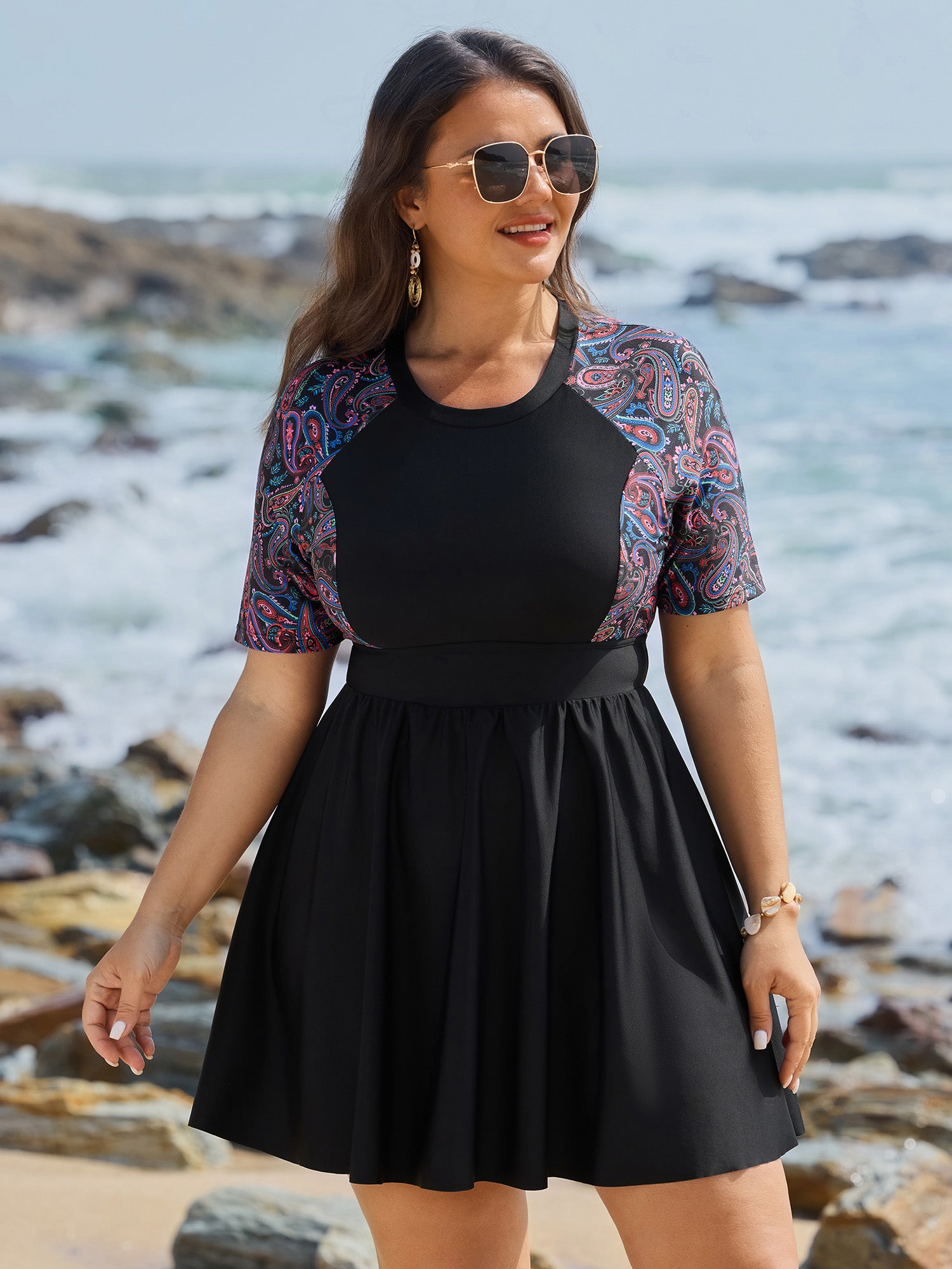 Floral Color Contrast Pockets Swim Dress