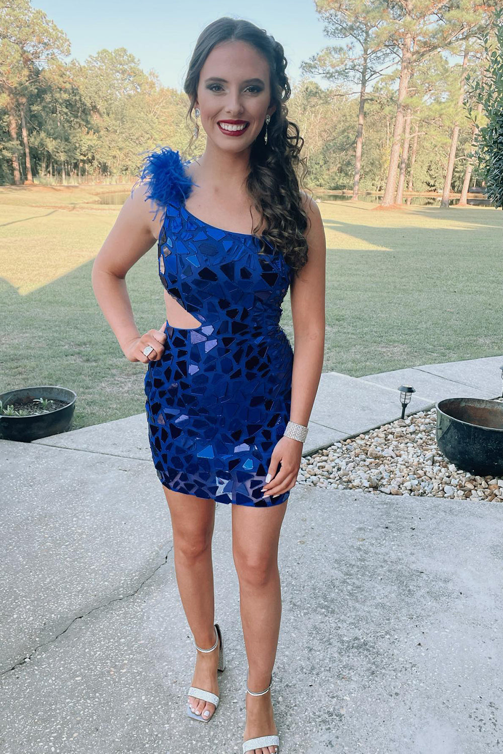 Sparkly Royal Blue Mirror One Shoulder Tight Homecoming Dress/Mini Dress With Feathers