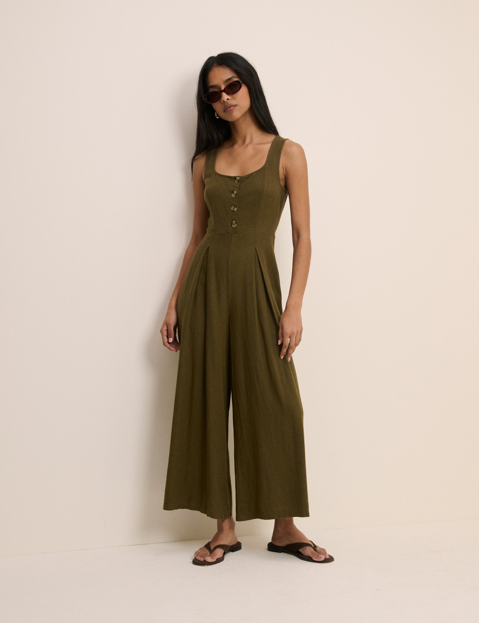 Petite Khaki Linen-Rich Cropped Lorey Jumpsuit