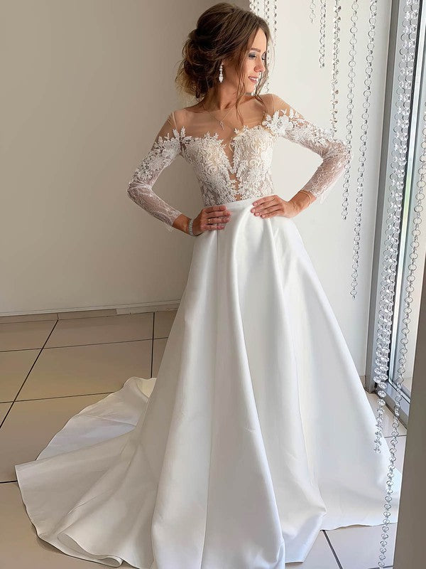 Chic Long Sleeves Satin Court Train Wedding Dresses